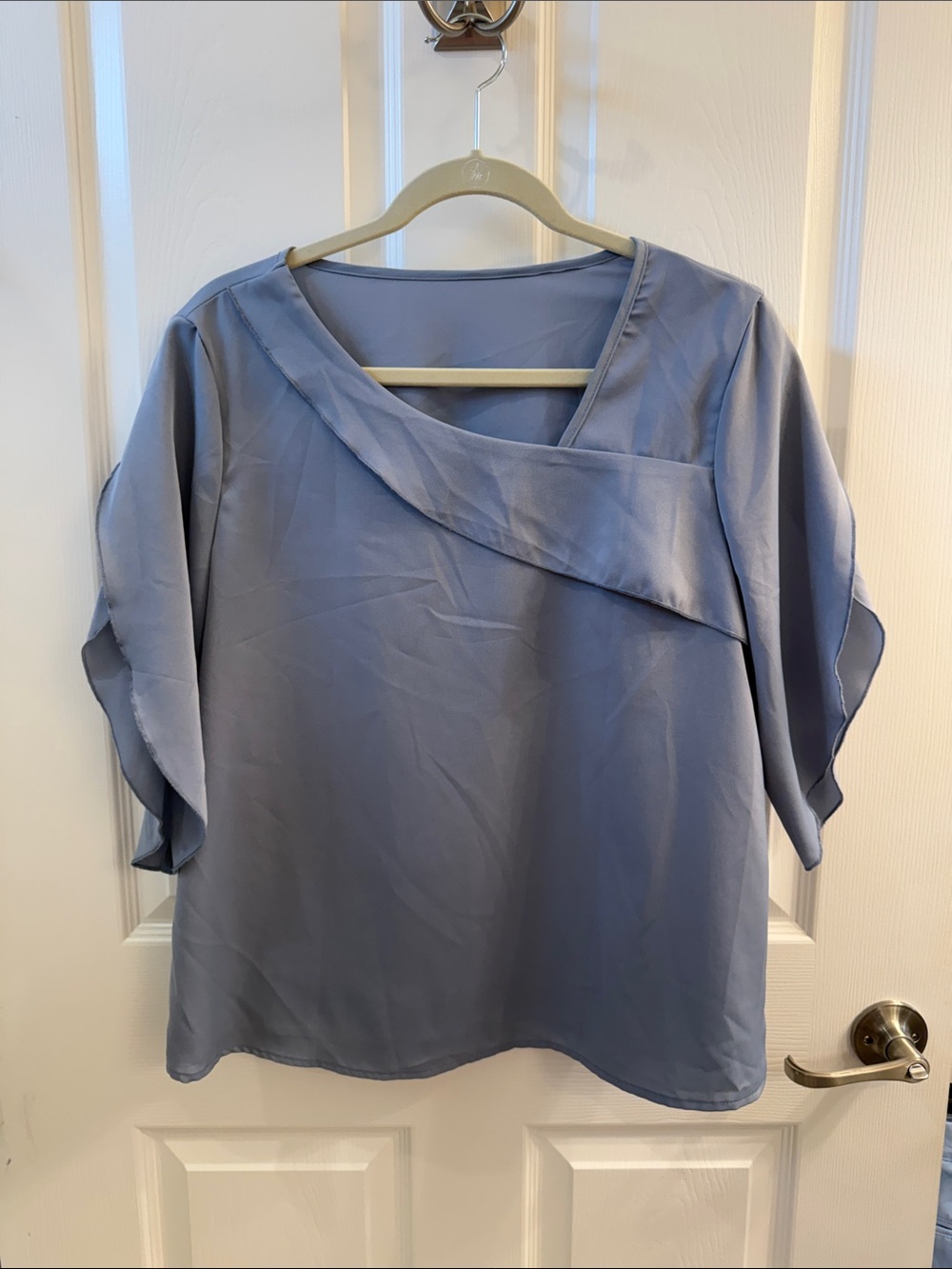 Slate gray/blue Draped Flutter Sleeve Women's Top
